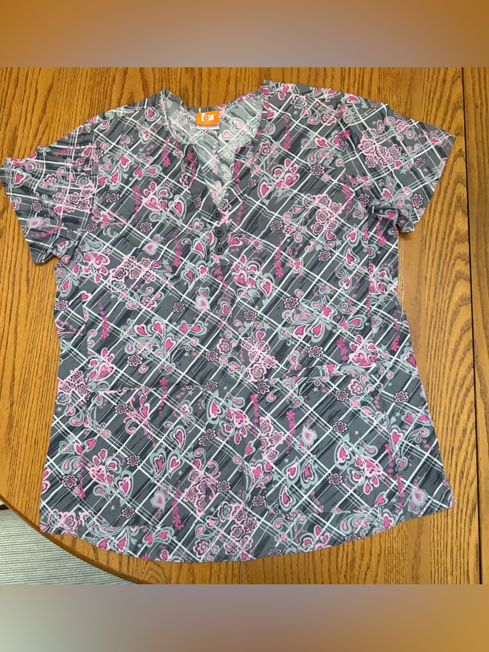 ICU Barco Uniforms Gray and Pink Floral Plaid Scrub Top